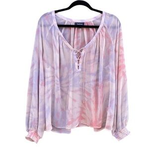 ModCloth Sheer Pastel Tie Dye Firework Lace Up Puff Sleeve Top Sz XL